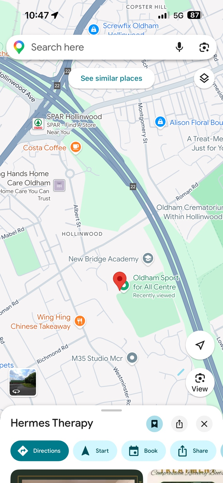 Map showing Hermes Therapy at Oldham Sport for All Centre in Oldham.